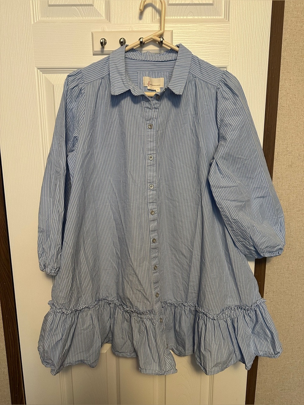 Anthropologie Sky Blue Striped Ruffle-Hem Midi Shirt Dress - Picture 7 of 10